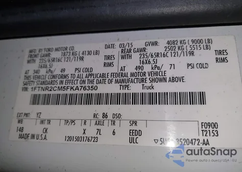 2015 Ford Transit-250 из США, поврежденный, VIN 1FTNR2CM5FKA76350